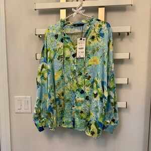 Zara Blue and Green Floral Blouse